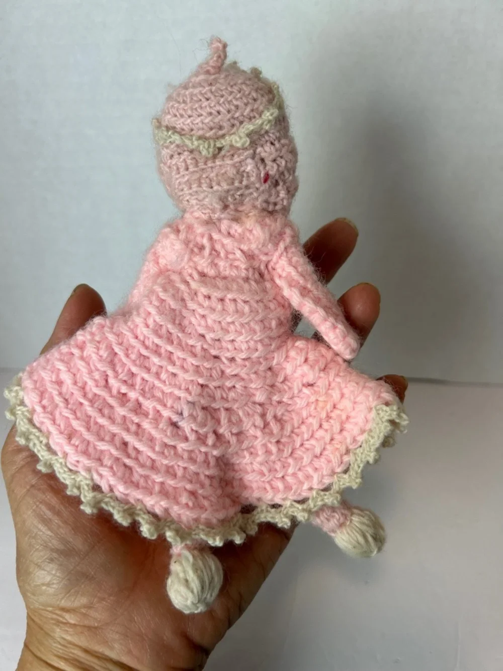 VTG Handmade Kewpie Blue Eyed Baby Doll Soft Vinyl Face Pink Crochet Kawaii 7